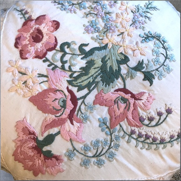 Embroidered Throw Pillow Vintage Cottagecore Floral Lace Pastel Feminine 12" - Picture 3 of 13